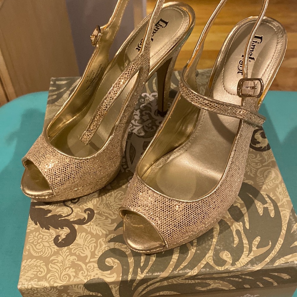 Limelight Felicity Womens 6M Platform Gold Glittery Fabric Ankle Strap 5" Heel